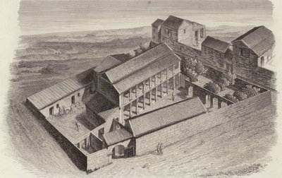 Forntida grekiska hus i Moudleja, Syrien. Illustration för Bilder-Atlas (gravyr) av German School