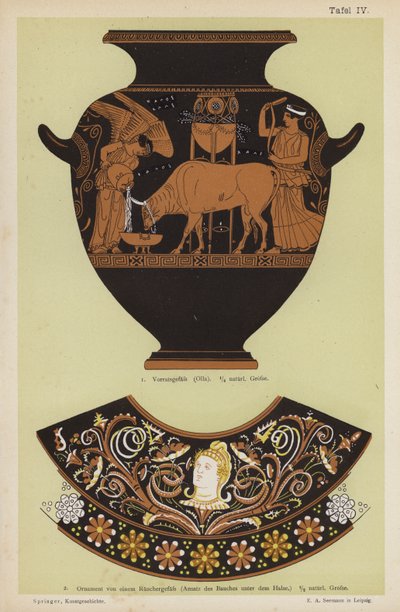 Forntida grekisk förvaringsburk och prydnad från ett rökelsekar (färg litho) av German School