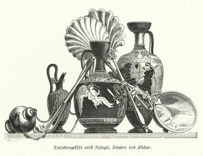 Forntida grekiska toalettartiklar tillsammans med en spegel, skrapor och fläktar (gravyr) av German School