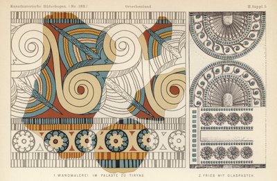 Forntida grekisk väggmålning från ett palats i Tiryns och fris med glaspastadekoration (färg litho) av German School