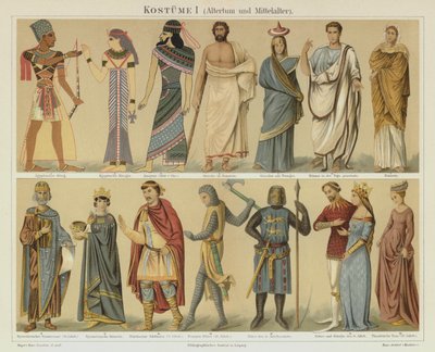 Forntida och medeltida dräkter (färg litho) av German School