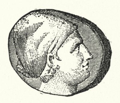 Forntida mynt som visar huvudet på den antika grekiska poeten Sappho (gravyr) av German School