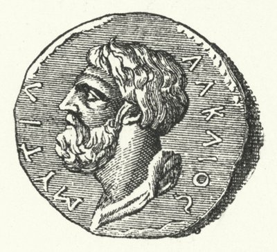 Forntida mynt som visar huvudet på den grekiska poeten Alcaeus av Mytilene av German School