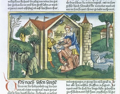 Apokryfer: Tobit är förblindad av sparvspillning, från Nürnbergbibeln (Biblia Sacra Germanaica) (färgat träsnitt) av German School
