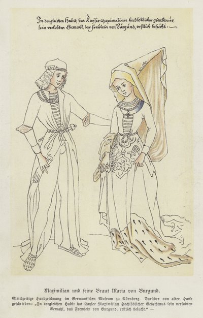 Ärkehertig Maximilian av Österrike och hans brud Maria av Bourgogne (färg litho) av German School