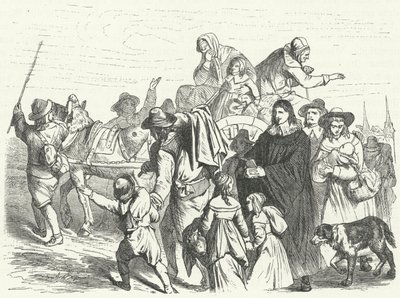 Ankomsten av franska hugenottinvandrare till Brandenburg efter att den store kurfursten Fredrik William utfärdade Potsdamediktet 1685 (gravyr) av German School