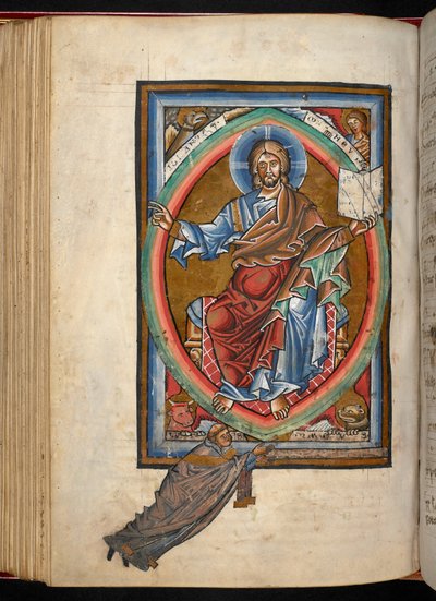 Arundel 156, f.99v, Kristus sitter på tronen i majestät i en mandorla, omgiven av evangelisternas fyra symboler, från 