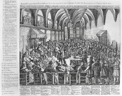 Församling av de mest lysande prinsarna av Tyskland, i biskopssalen, Augsbourg, i närvaro av Karl V (1500-58) den 25 juni 1530 av German School