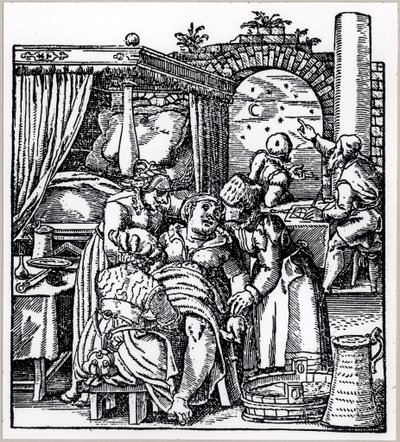 Astrologer kastar ett horoskop för barnet som föds till en kvinna i en födelsestol, från De Conceptu et Generatione Hominis av Jacob Rueff, publicerad i Frankfurt, 1587 av German School