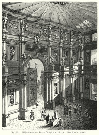 Auditorium och scen i Teatro Olimpico, Piacenza, Italien, designad av Andrea Palladio (gravyr) av German School