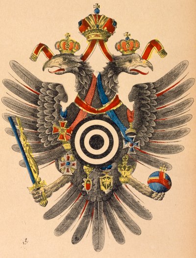 Österrike-Ungerns kejserliga vapen som mål för bågskytte, ca 1865 (färgat träsnitt) av German School