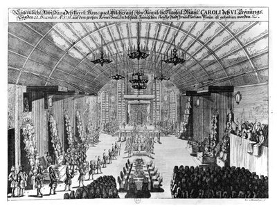 Bankett i Romer Hall i Frankfurt-am-Main, till ära av kröningen av Karl VI (1685-1740) den 22 december 1711 av German School