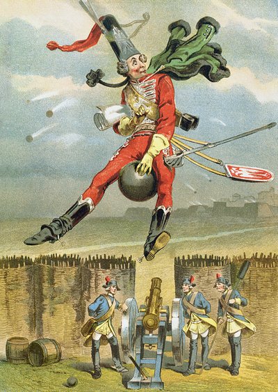 Baron Munchausen flyger över fiendens linjer på en kanonkula, illustration från en tysk upplaga av Baron Munchausens äventyr av German School