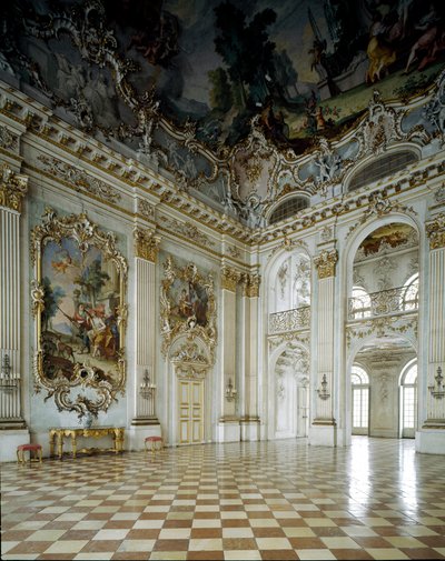 Barockkonst: utsikt över den stora salongen. 1600-talspalatset Nymphenburg, München Tyskland av German School