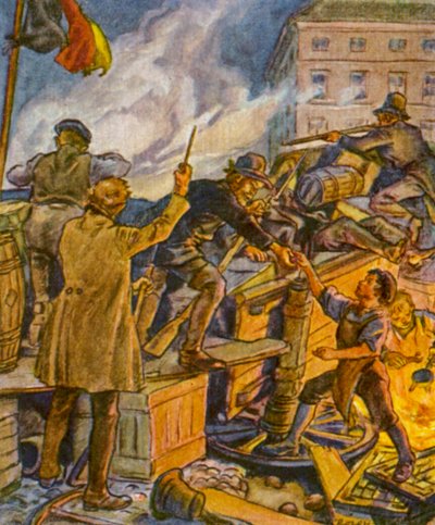 Barrikadenkampf / Barrikadstrid (färglitografi) av German School