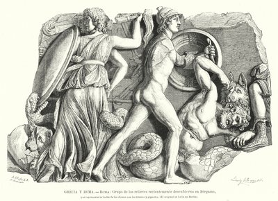 Slaget mellan gudarna och titanerna och jättarna, antikens grekiska relief från Pergamon (litho) av German School