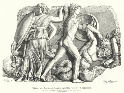 Strid mellan gudarna och titanerna och jättarna, antik grekisk relief från Pergamon (gravyr) av German School