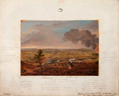 Slaget vid Mont-Saint-Jean, ritat och målat under aktionen av Major Kunts från Hannoverska enheten, 18 juni 1815 (penna och gouache på kartong) av German School