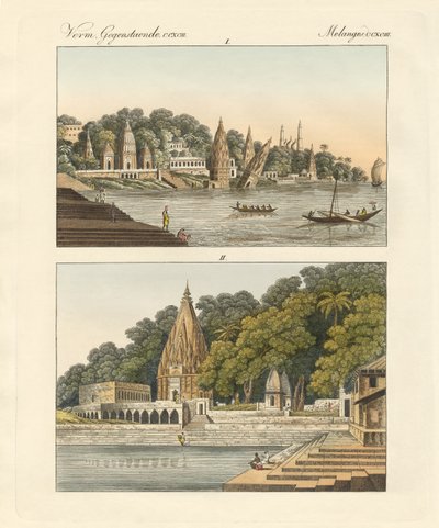 Benares och dess pagoder (färgad gravyr) av German School
