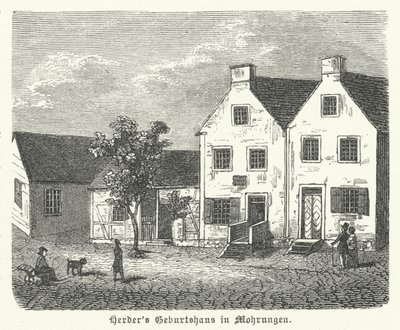 Födelseort för den tyske författaren, filosofen och lutherske teologen Johann Gottfried von Herder, Mohrungen (gravyr) av German School