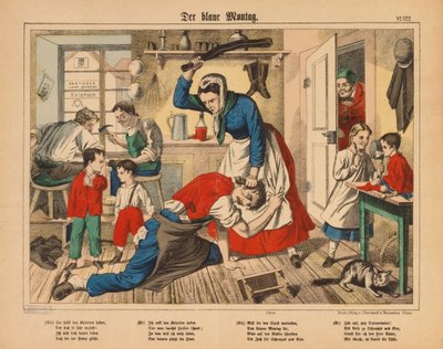 Blue Monday - en skomakarfru som slår sin man, broadsheet publicerad av C. Burckhardt, Weissenburg, ca 1850 av German School