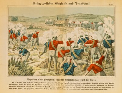 Boer beslagtar ett pansrat engelskt tåg under andra boerkriget, nära Maseking, 14 oktober 1899, publicerat av C. Burckhardts Nachf, Weissenburg, 1899 av German School