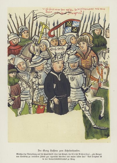 Den böhmiske kristna reformatorn Jan Hus fördes till sin avrättning, Constance, 6 juli 1415 (färg litho) av German School