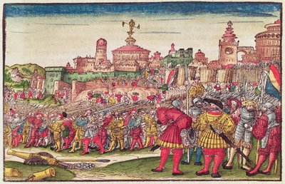 Uppenbarelseboken, kapitel XXV, från Lutherbibeln, ca 1530 (färgat träsnitt) av German School