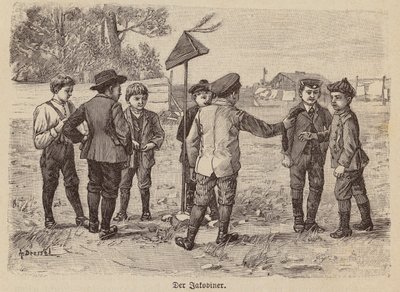 Pojkar som spelar Jacobin-kepsspelet (gravyr) av German School