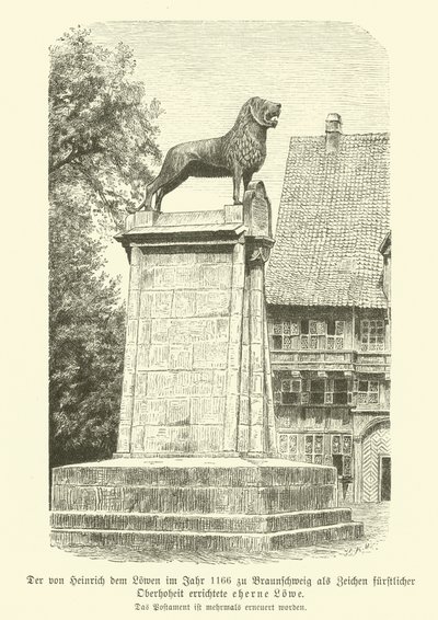 Bronslejon uppfört av Henrik Lejonet i Brunswick 1166 (gravyr) av German School