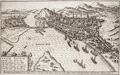 Buda och skadedjur som belägrades av de kristna 1602, illustration från en bok om de osmanska kampanjerna i Europa, graverad av Paul Furst (ca 1605-66) av German School