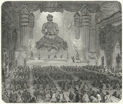 Buddhister som tillber i ett kloster i Peking (gravyr) av German School