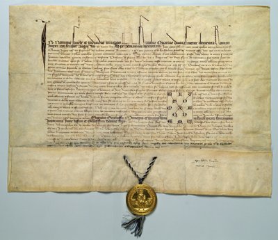 Tyren af Karl IV (1316-78) hellig romersk kejser, 29. januar 1365 (blæk på pergament med guld segl) av German School
