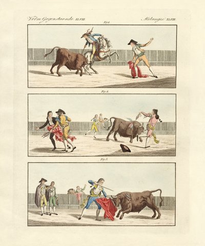 Spanjorernas tjurfäktningar (färgad gravyr) av German School
