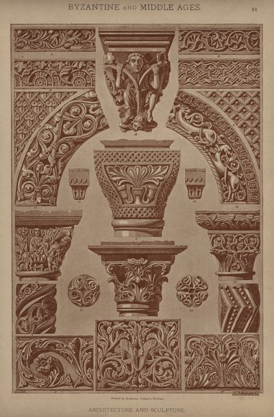 Bysantinsk och medeltid, arkitektur och skulptur (färg litho) av German School