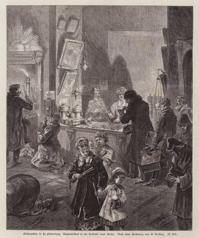 Ljus till salu i vestibulen av en kyrka i St Petersburg, Ryssland, vid jul (gravyr) av German School