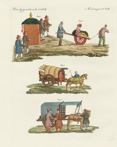 Vagn och sätt att resa i Kina (färgad gravyr) av German School