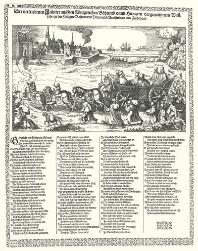 Tecknad serie som föreställer jesuiter fördrivna från Böhmen och Ungern 1620 i början av trettioåriga kriget (gravyr) av German School