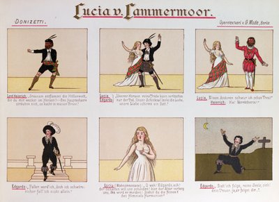 Tecknad film som gör narr av operan Lucia di Lammermoor av Donizetti (färg litho av German School
