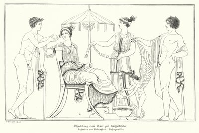 Cassandra förbereds för sitt bröllop med Bellerophon (gravyr) av German School
