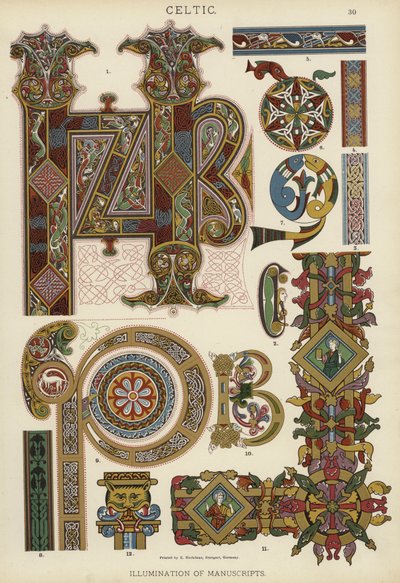Celtic, belysning av manuskript (färg litho) av German School