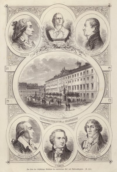 Hundraårsjubileum av hovet och nationalteatrarna, Mannheim, Tyskland (gravyr) av German School