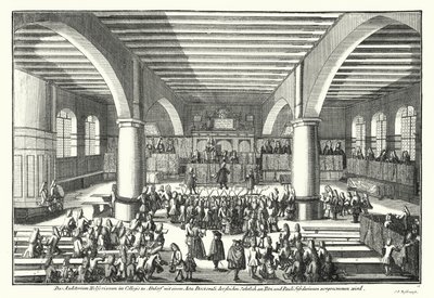 Ceremoni som ger en doktorsexamen vid universitetet i Altdorf, Bayern (gravyr) av German School