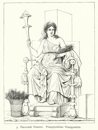 Ceres, skördens romerska gudinna, tronande, väggmålning från Pompeji (gravyr) av German School