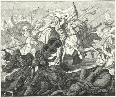 Charles Martel vid slaget vid Poitiers, 732 (gravyr) av German School