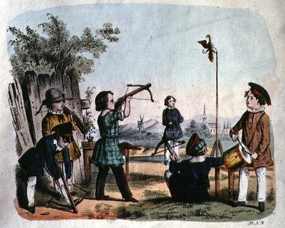 Barn som skjuter ett mål med en arkebuse, ca 1860 (färggravyr) av German School