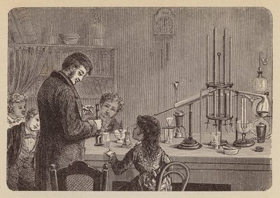 Barn som tittar på ett vetenskapligt experiment (gravyr) av German School