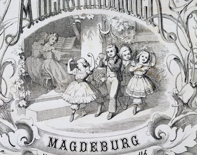 Barndansscen, detalj på titelsidan för samlingen av musik och danser för barn publicerad i Magdeburg. Tyskland av German School