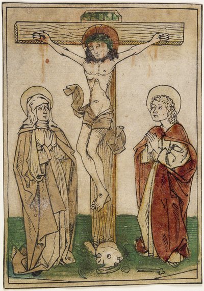 Kristus på korset med Maria och Johannes, ca 1470-80 (handfärgat träsnitt på pergament) av German School