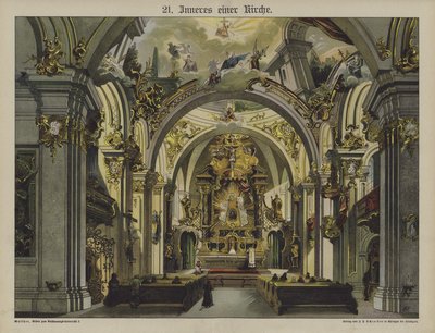 Kyrkans interiör (färg litho) av German School